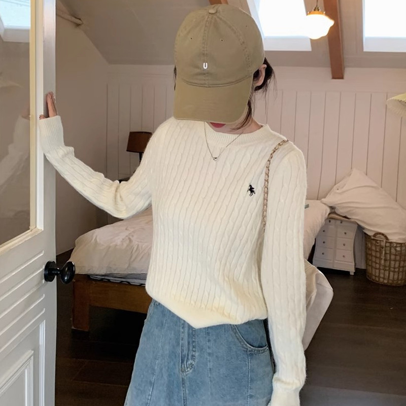 【dynamar】Áo Len Nữ Dệt Kim, Áo Sweater Dệt Kim Vặn Xoắn, Áo Len Cổ Tròn Tay Dài Màu Trơn Hàng Loại