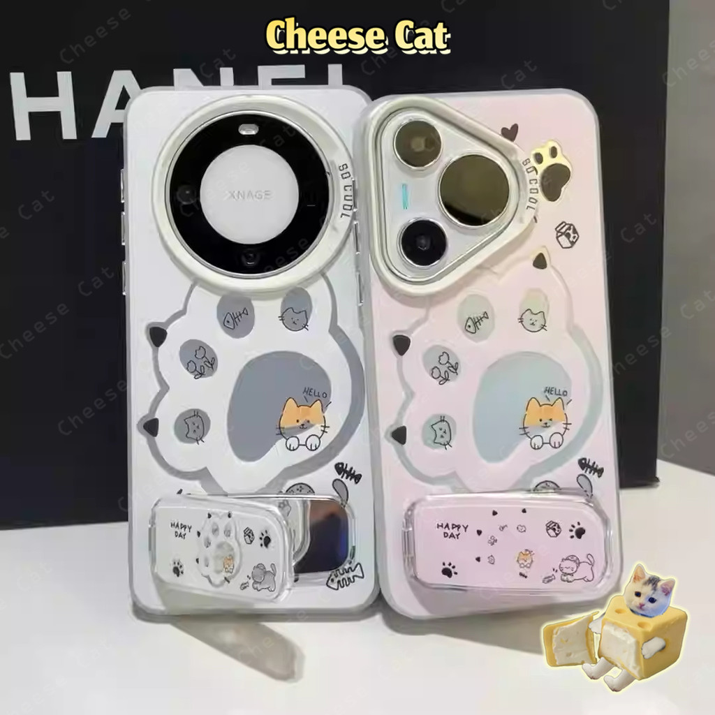 Móng Vuốt Mèo Trắng Hồng Cho iPhone 13 14 15 12 11 16 17 Pro Max 16E Xs Max XR 7Plus Vỏ Điện Thoại Có Chân Đế Gương