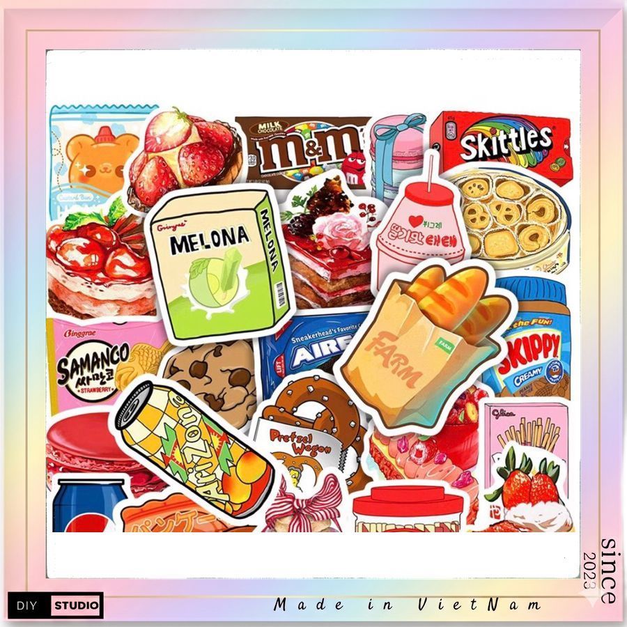 100 sticker Dán Trang Trí Sổ Tay Diy bánh kẹo đồ ăn vặt xịn xò