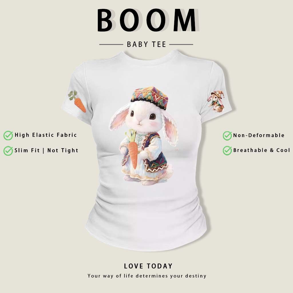 BOOM Áo thêu Baby Tee Nữ Cotton Ôm Body-Áo Thun Ngắn Tay Y2K In Hình PhongCách Mùa Hè, Cổ Tròn Hàng Đầucách hàn phong 03