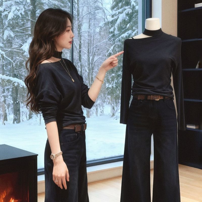 Áo thun dài tay nhung Hàn Quốc dành cho nữ, phong cách thu đông mới với dáng rộng thoải mái
