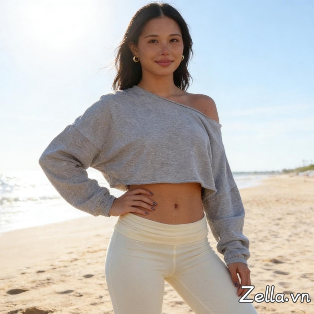 Áo trễ vai hở vai dáng rộng thoải mái, crop top dài tay màu trơn phù hợp mùa xuân/ thu
