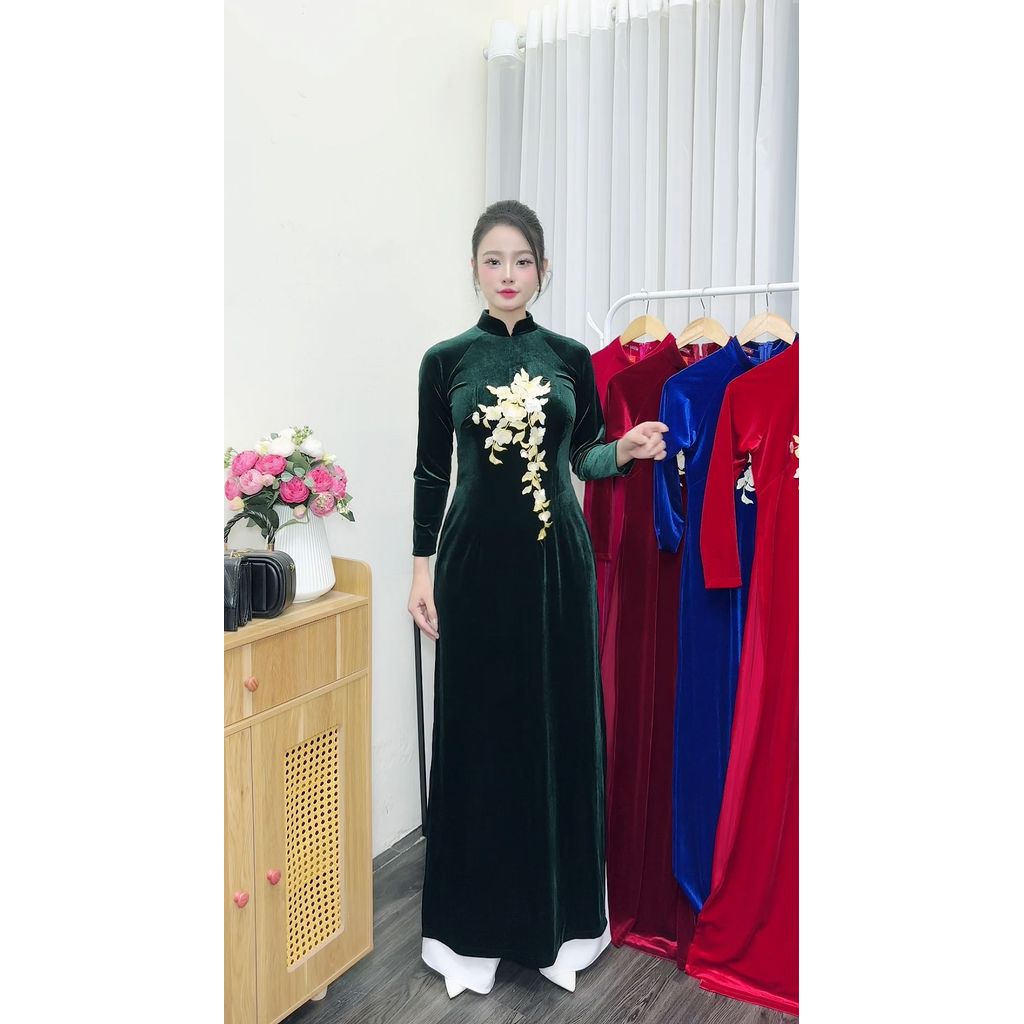 Áo dài truyền thống, Áo dài nhung thêu cho mẹ, Áo dài cổ trụ, Áo dài chất liệu nhung tuyết mềm mịn, Áo dài Thăng Long