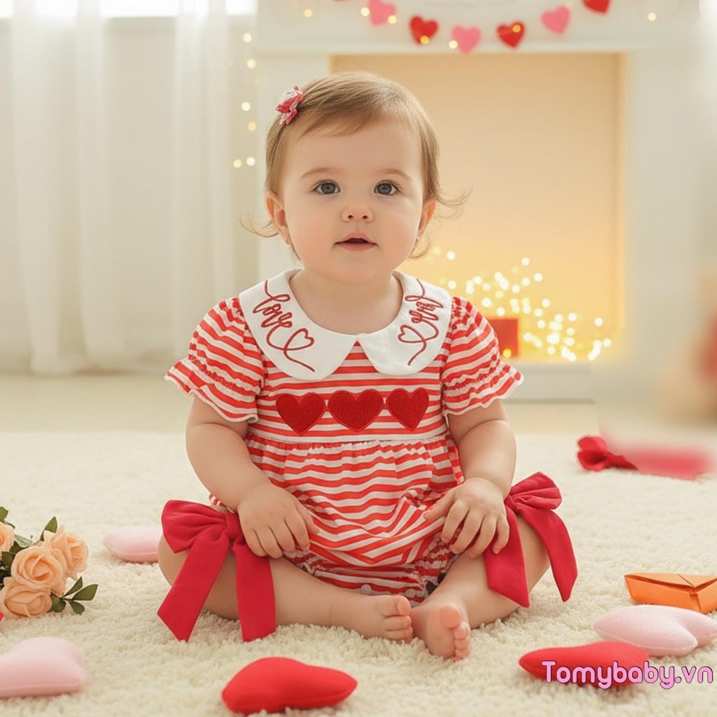 Bé Gái Áo Liền Quần Ngày Lễ Tình Nhân Tay Ngắn Cổ Búp Bê Sọc Thêu Trái Tim Trẻ Sơ Sinh Body