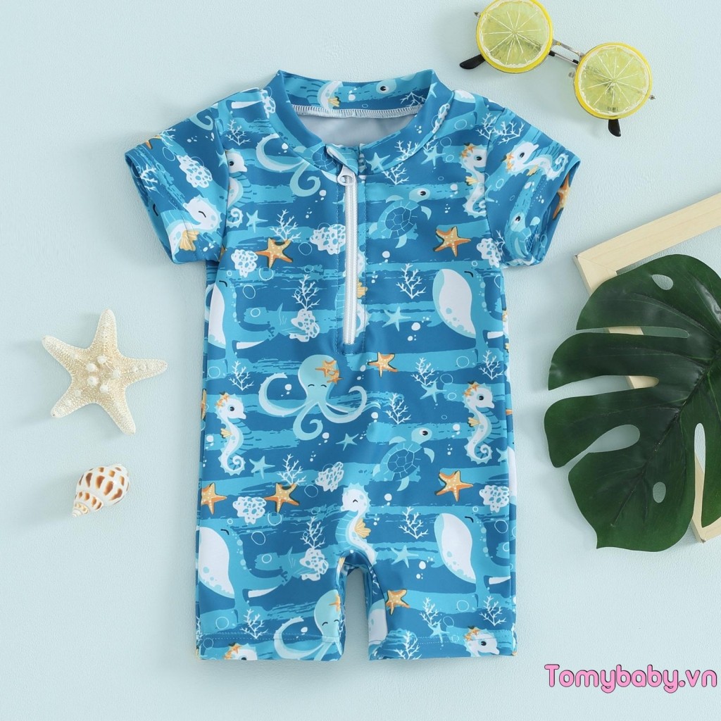 Trẻ mới biết đi Bé trai Rash Guard Đồ bơi Hoạt hình Marine Life In tay ngắn Dây kéo phía trước Bộ đồ tắm