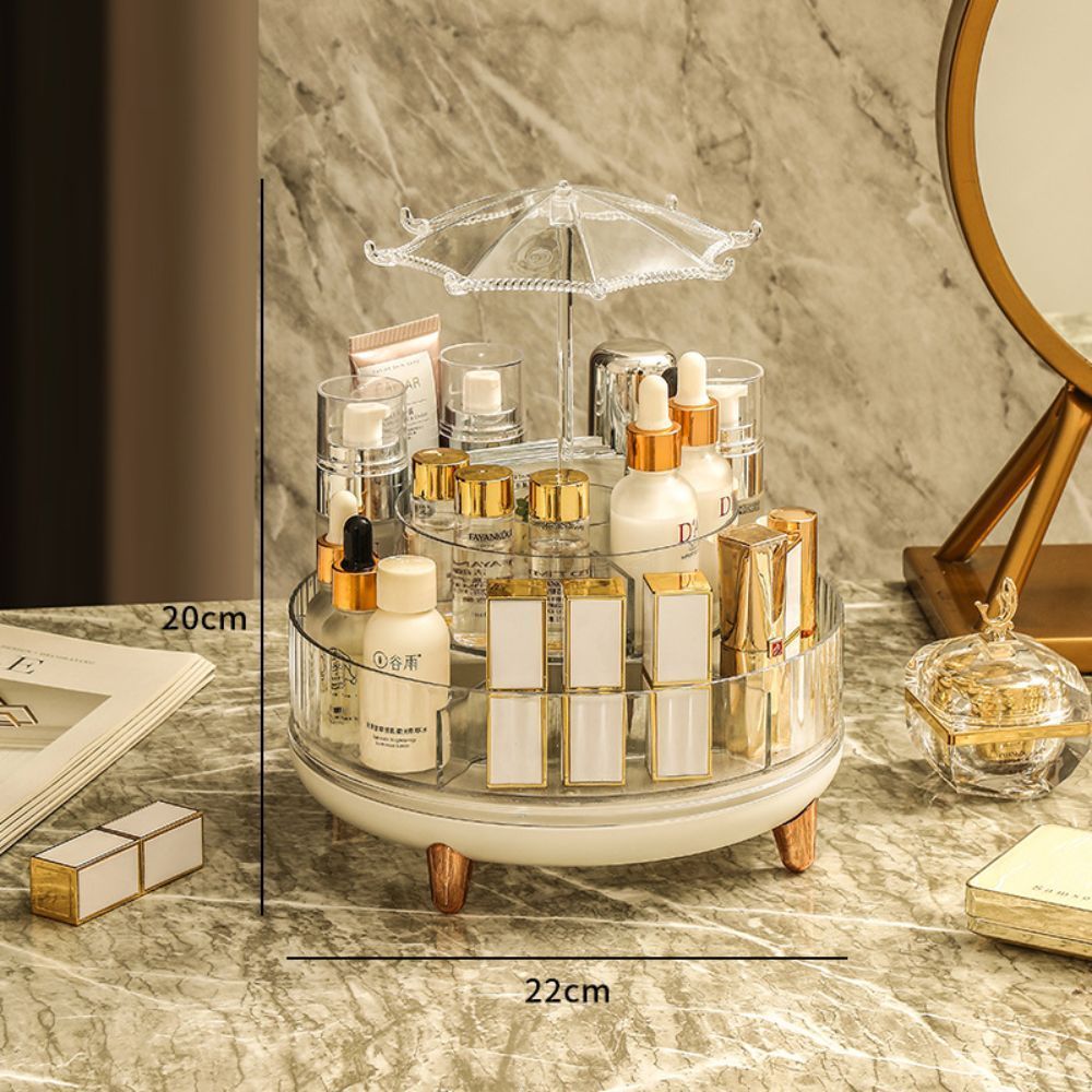 Kệ Đựng Mỹ Phẩm 2 Tầng Trong Suốt Xoay 360 Độ Có Mái Che, Khay Để Đồ Skincare Nước Hoa Sang Trọng