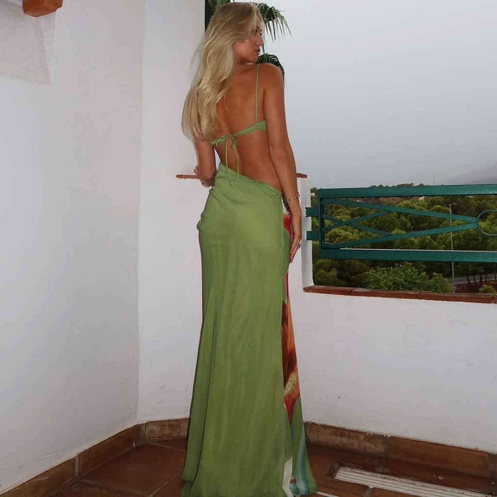 Cutenew Flora In Backless Đầm ôm Dây Đeo Kim Loại Đính Ren Không Đều Eo Đi Biển Kỳ Nghỉ Gợi Cảm Slim Bodycon