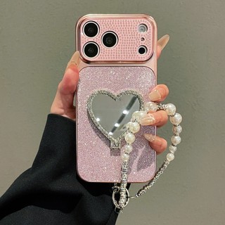 Kim Cương Trang Điểm Gương Đứng Lấp Lánh Bột Mạ Điện Ngọc Trai Hồng Wrsit Dây Xích Điện Thoại Dành Cho iPhone 17Promax 17pro 13 14 15 16 Pro Max Chống Sốc Nữ Vỏ Di Động