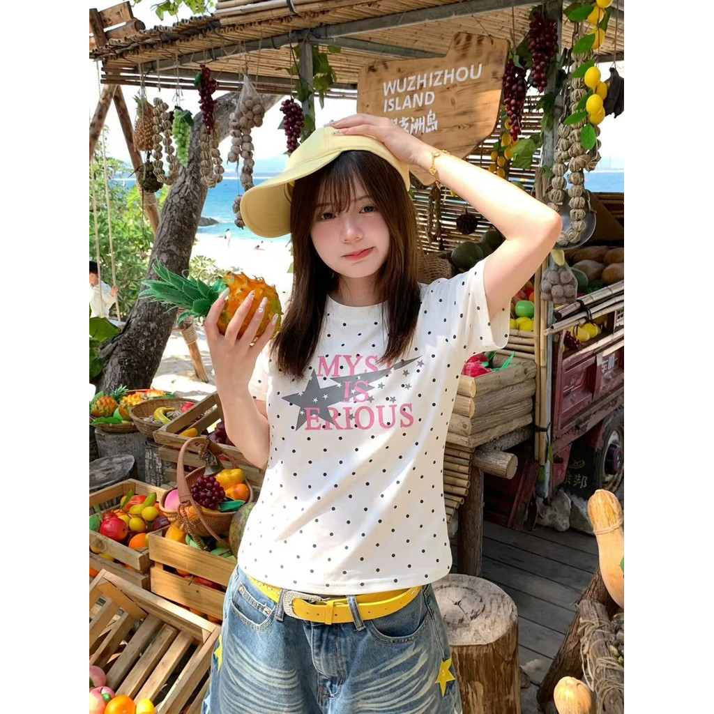 Áo Thun Đầm polka dot cổ tròn phong cách Hàn Quốc, chính hãng, phù hợp mặc hàng ngày mùa hè