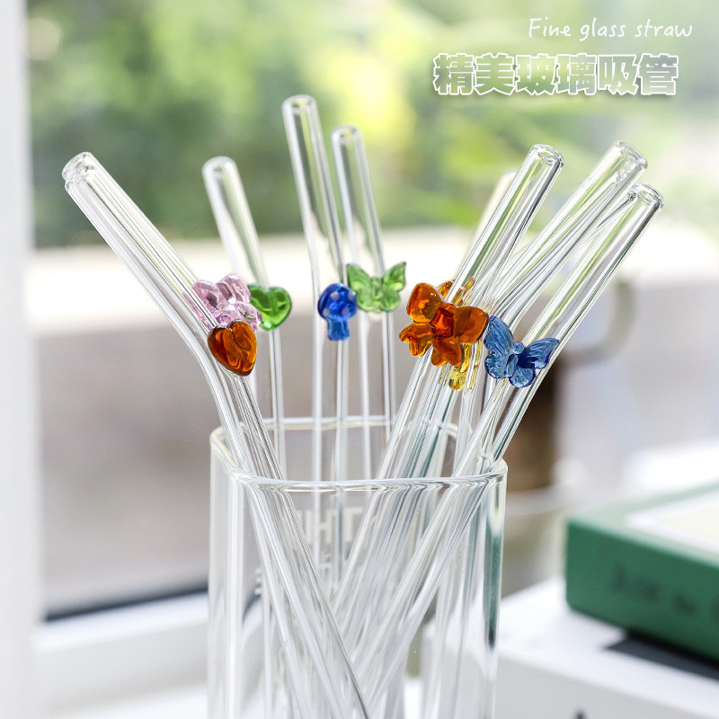 Phong Cách Nhật Bản Ống Hút Thủy Tinh Hộp Quà Tặng Bộ Nước Trong Suốt Sữa Uống Ống Hút Trà Sữa Bướm Nhiều Màu Sắc Trái Tim Khuỷu Tay UMNR