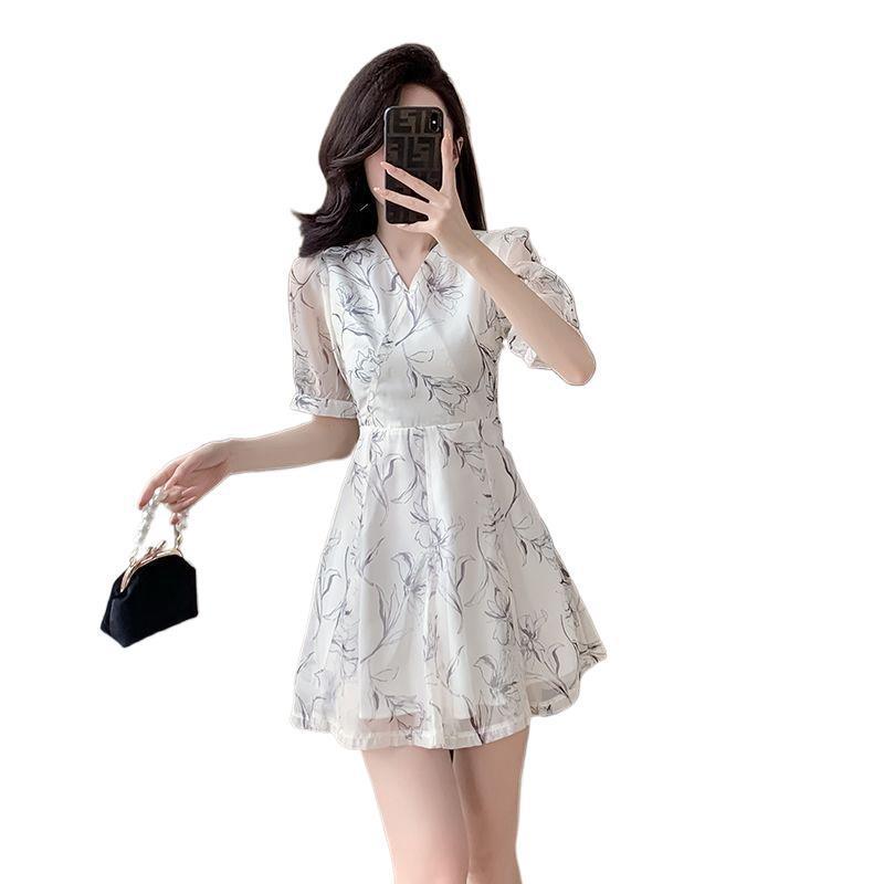 Váy mini hoa mùa hè dành nữ dáng nhỏ, ôm eo, tôn dáng, che khuyết điểm, cổ áo kiểu Pháp, váy ngắn thời trang