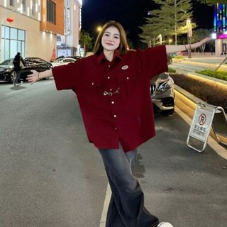 Áo sơ mi ngắn tay cổ đỏ kiểu waffle retro Mỹ dành cho nữ, thiết kế rộng rãi, trẻ trung mùa Hè