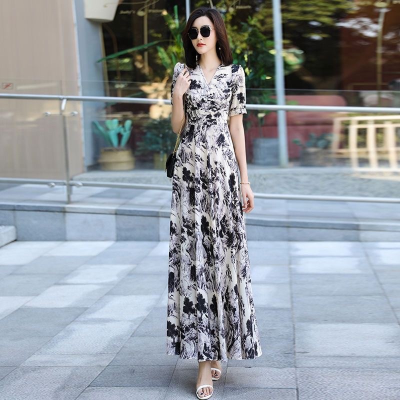 Váy họa tiết tranh thủy mặc dành cho nữ, phong cách cổ điển cao cấp, thiết kế mới mùa hè, ôm eo, vạt rộng, váy dài