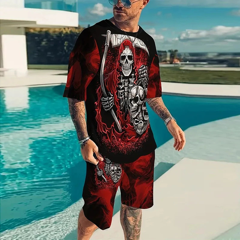 Bộ áo thun và quần short thể thao in hình đầu lâu 3D dành cho nam mùa hè