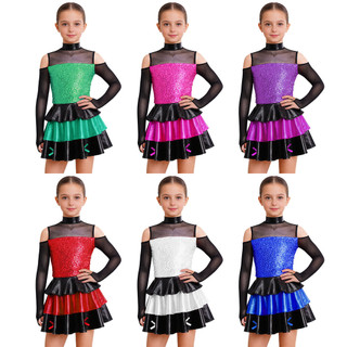 Yhong Trẻ Em Bé Gái Jazz Khiêu Vũ Trình Diễn Trang Phục Mock Cổ Dài Tay Lạnh Vai Sáng Bóng Kim Sa Lấp Lánh Tầng Xù Đầm Khiêu Vũ