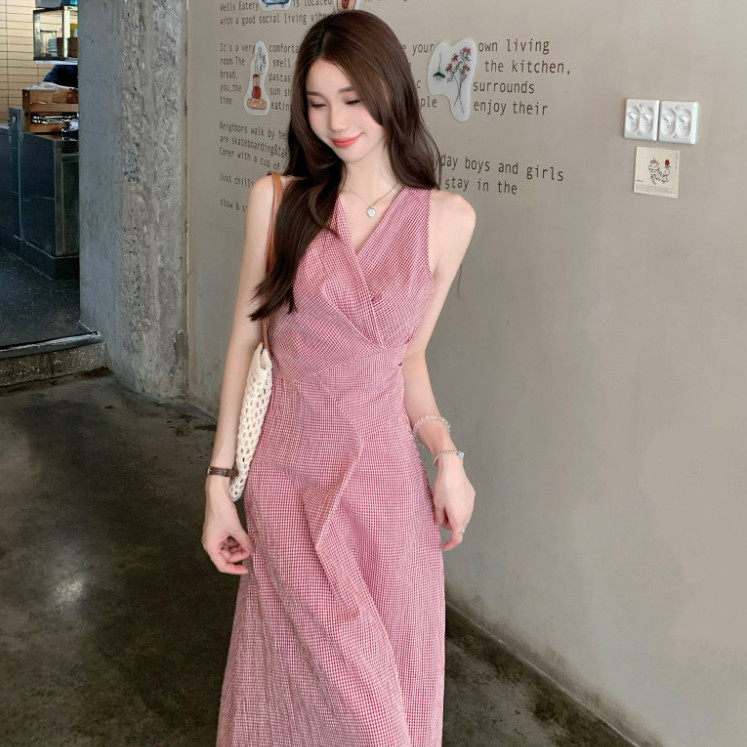 SUXI Mẫu váy dài kẻ sọc phong cách retro Pháp cổ chữ V dành cho mùa hè