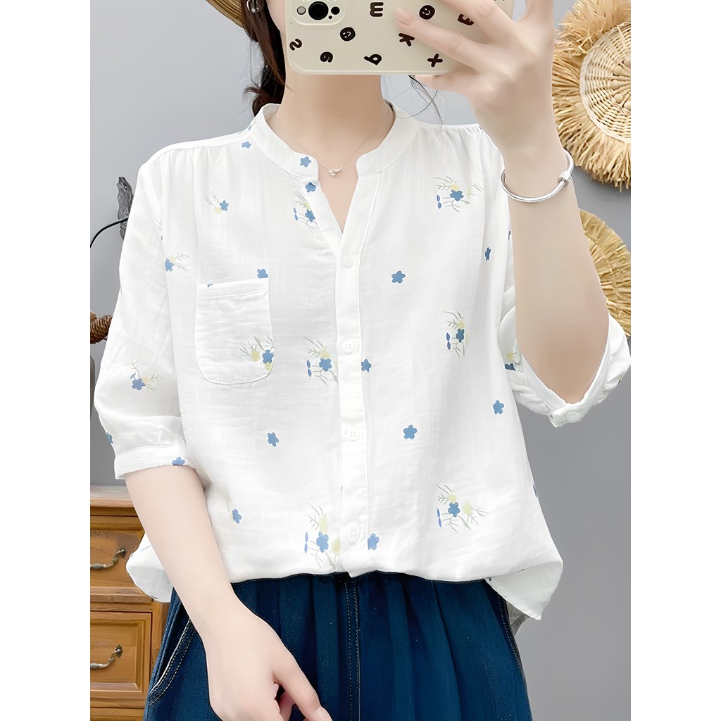 <![CDATA[Áo sơ mi nữ 100% cotton cổ chữ V, tay vừa, họa tiết mùa hè]]>