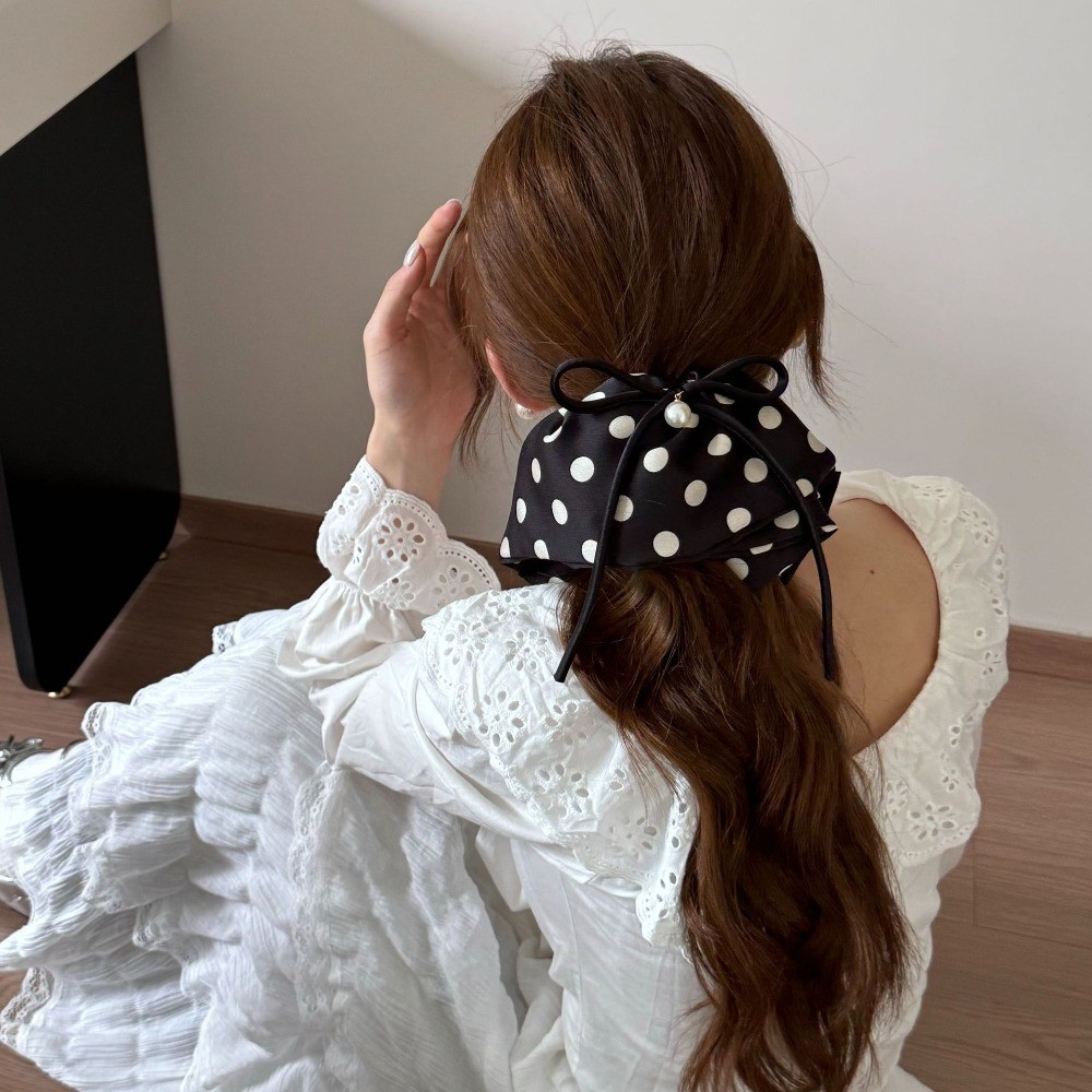 Hululu - Kẹp tóc retro phong cách Pháp, chấm bi ngọc trai, dây buộc satin cao đuôi ngựa