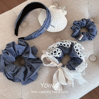 Scrunchy Tóc Ren Nơ Hoa Xanh Hải Quân, Chất Lượng Cao Cho Xuân Hè