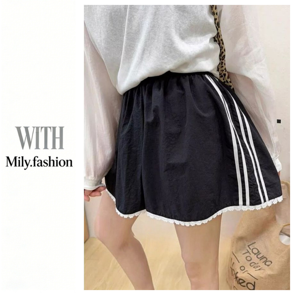 Milyfashion Khâu Ren Nhanh Khô Eo Co Giãn Thể Thao Quần Short Mùa Hè Rời Nhà Quần Short Ống Rộng Quần Áo Nữ