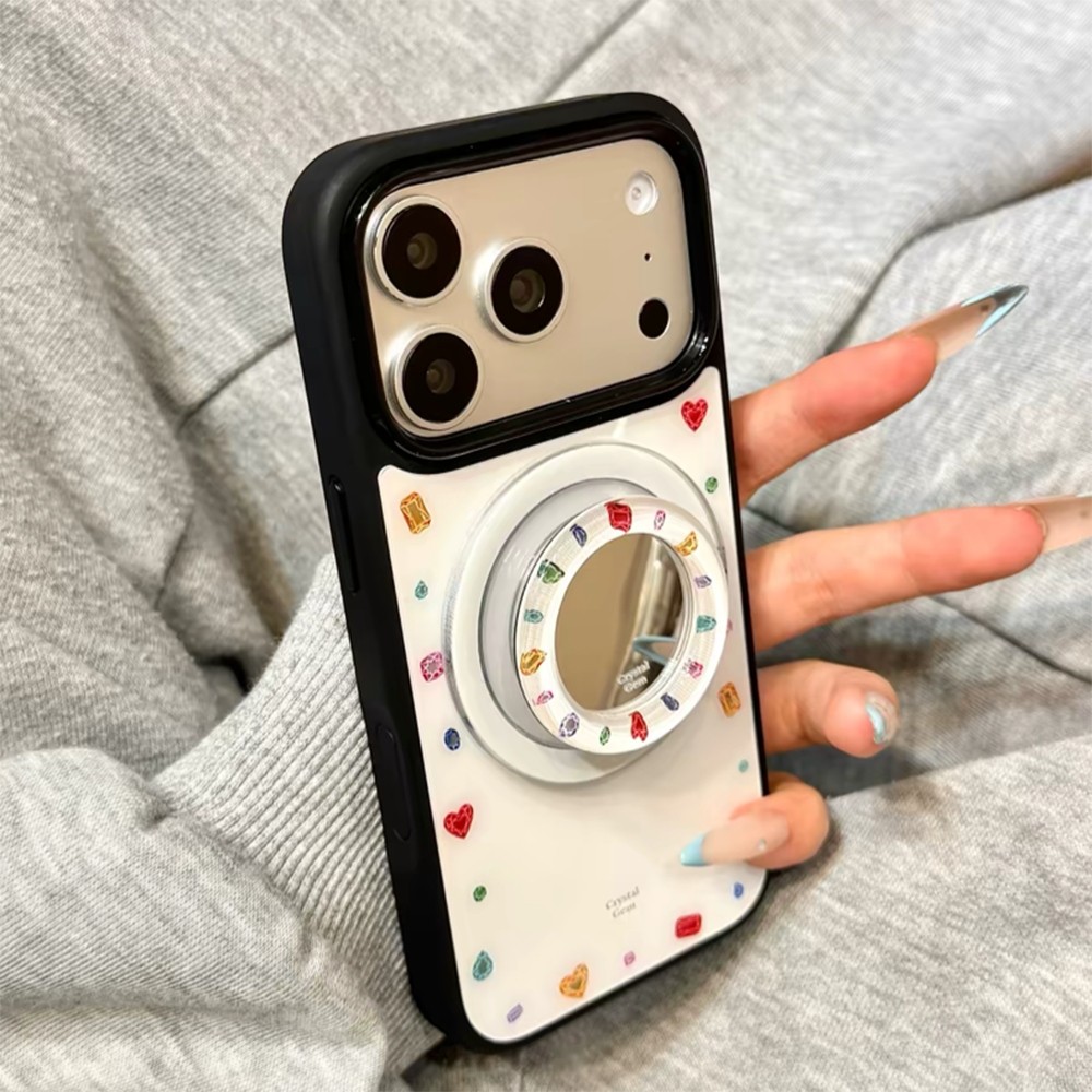 Giá đỡ gương từ tính Vỏ điện thoại Acrylic khảm kim cương cho iPhone 17 Pro Max 16 15 14 13 Vỏ bảo vệ chống sốc