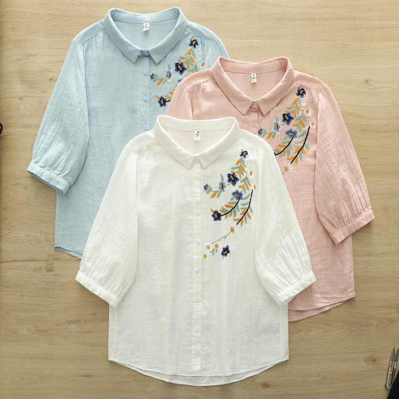 Áo sơ mi nữ tay ngắn thêu đẹp mắt, chất liệu sợi cotton cao cấp, sẵn sàng giao hàng