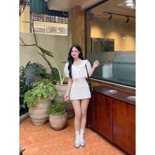 Set áo croptop 2 lớp dáng babydoll tay phồng tiểu thư cổ sen thắt nơ dễ thương Hàn Quốc