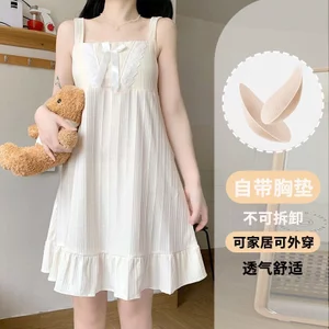 Có Miếng Lót Ngực Mùa Hè Sling Váy Ngủ Nữ Sinh Viên Ngọt Ngào Dễ Thương Vừa Không Tay Bộ Đồ Ngủ Gợi Cảm Ren Sen Homewear