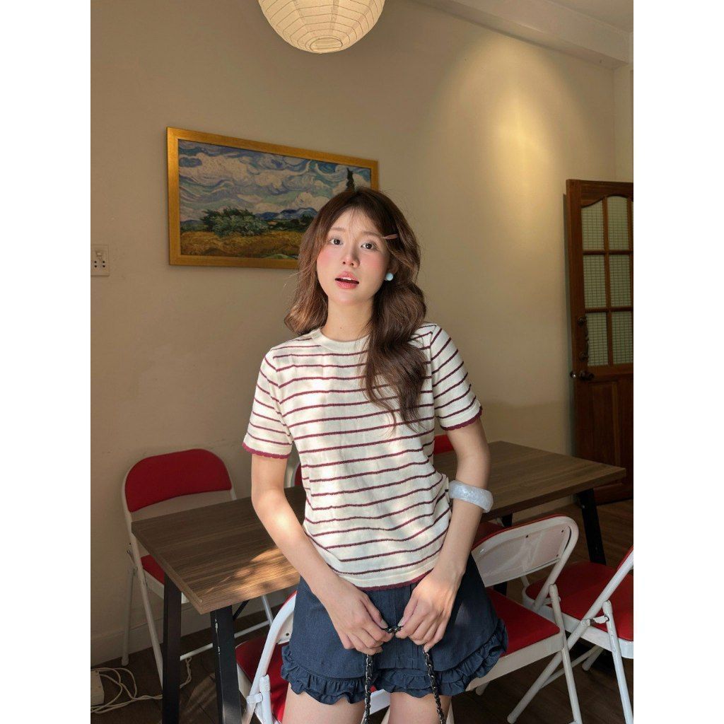 Áo len tay ngắn nữ sọc ngang basic THE C.I.U, áo knitwear form ôm cổ ...