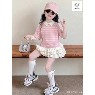 12-38kg (hàng thiết kế) Set áo kẻ cổ bẻ mix chân váy tầng Melisa