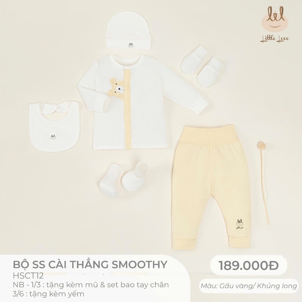 Bộ Sơ Sinh cài thẳng dài tay chất liệu smoothycho bé từ 0-6 tháng (HSCT12) tặng kèm mũ, sét bao tay chân hoặc yếm