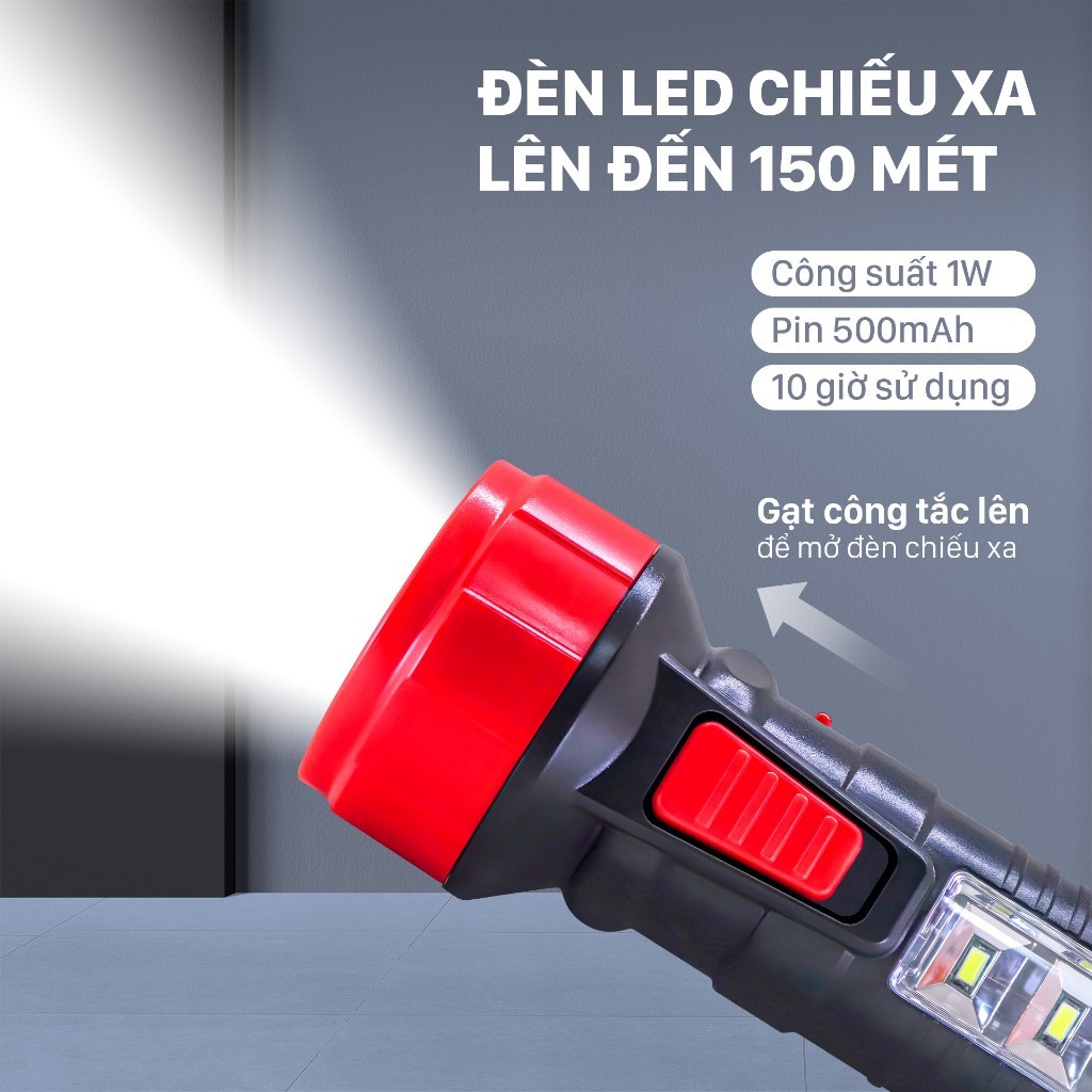 Đèn pin cầm tay, đèn chiếu xa Mỹ Linh, đèn pin sạc điện RF26B tích hợp chân sạc,tiết kiệm năng lượng