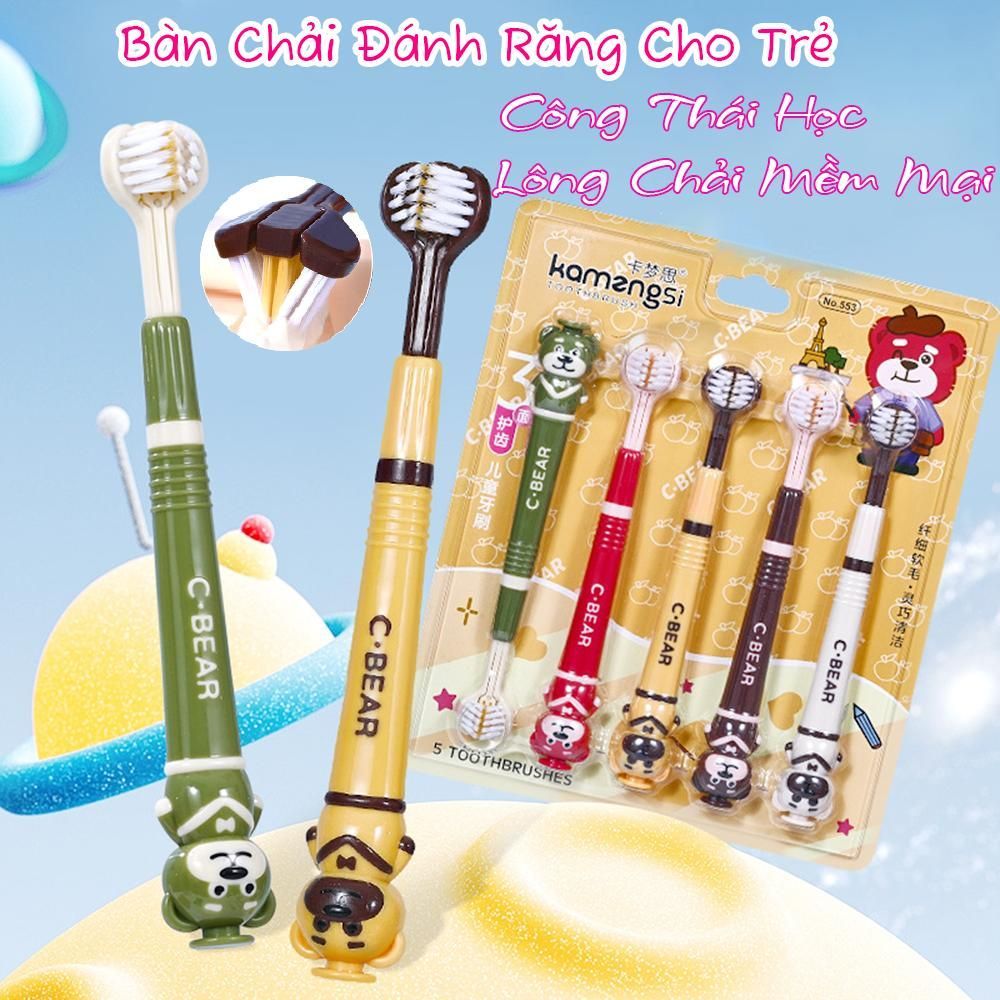 [Bộ 5 chiếc] Bàn Chải Đánh Răng Trẻ Em 3D Hoạt Hình Thiết Kế Lông Mềm Ba Mặt Phù Hợp Cho Trẻ Từ 3-12