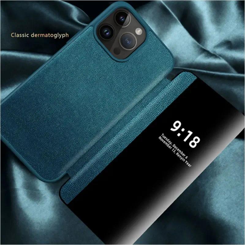 View Window Plain Flip Leather Phone Case cho Iphone 17 16 Pro Max 14 15 16 Plus 13 12 11 Pro Vỏ bảo vệ toàn diện KickStand Cover
