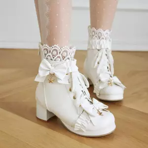 VNGT34-43 Kích Thước Lớn Ren Màu Sắc Phù Hợp Với Ngón Chân Tròn Dày Gót Chân Ngắn Ống Giày Bốt Thời Trang Gothic cos Dây Lưng Mặt Trước Chéo Ren Nơ