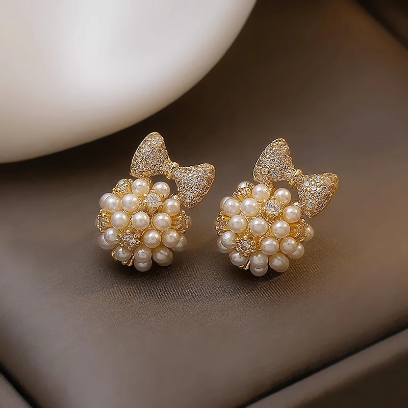 Bông Tai Nơ Ngọc Trai Đính Đá Zircon Phong Cách Hàn Quốc