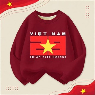 Áo nỉ dài tay cổ tròn mỏng nhẹ, thoải mái, dáng rộng, đa năng, in hình cờ Việt Nam màu đỏ tía dành cho bé trai.