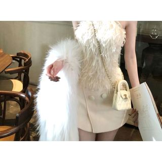 Áo Ngoài Vai Two-Piece Thu Đông Phong Cách Pháp, Màu Vàng, Thiết Kèm Dây Cổ