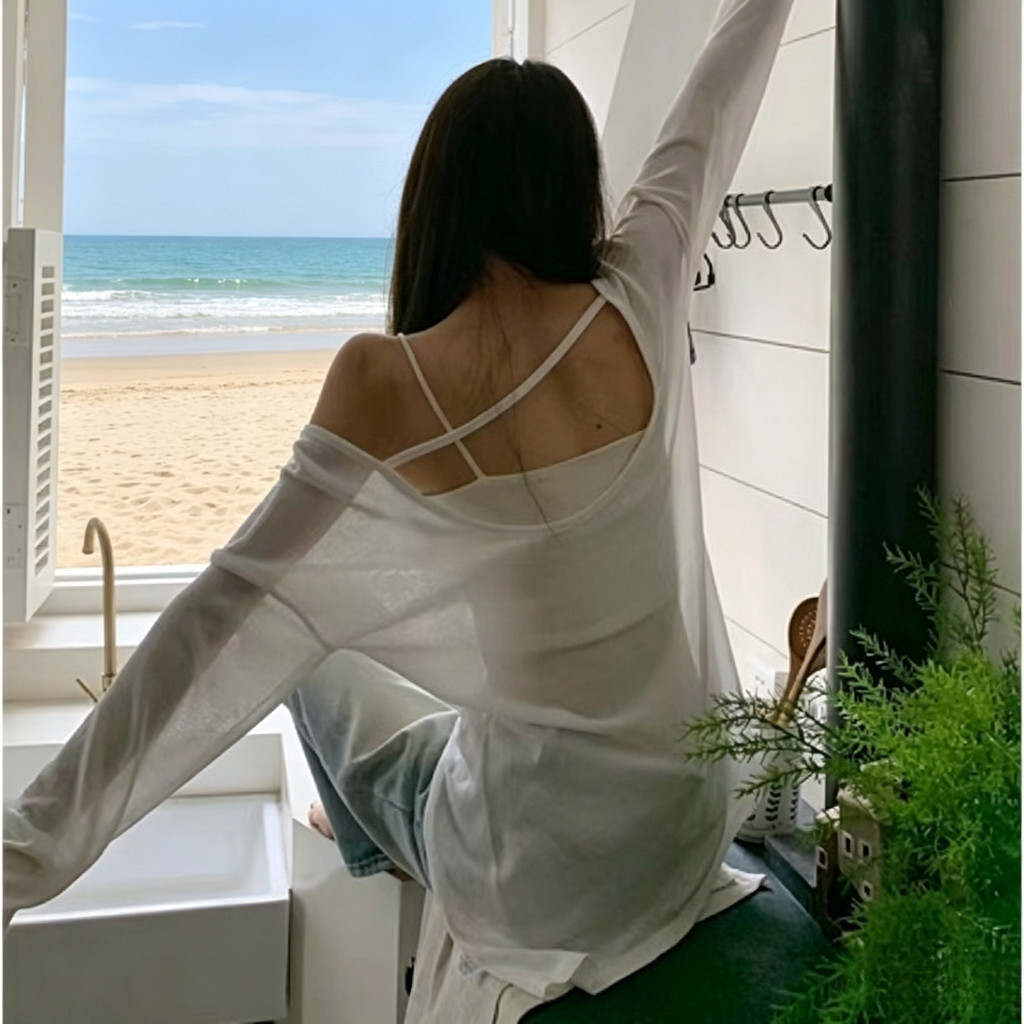 Milyfahsion Mùa Hè Rời Kích Thước Lớn Ôm Hơn Nhìn Cổ Tròn Dây Mỏng Hơi Trong Suốt Khe Chống Nắng Dài Tay B