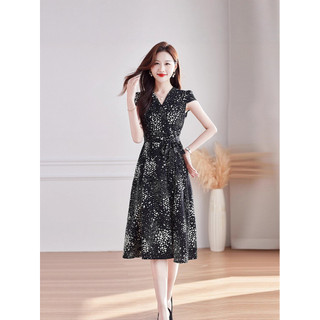 Váy Midi nữ, tay ngắn, kiểu dáng mới mùa hè, dáng dài vừa phải, thanh lịch, tôn dáng, thắt eo, dáng chữ A.