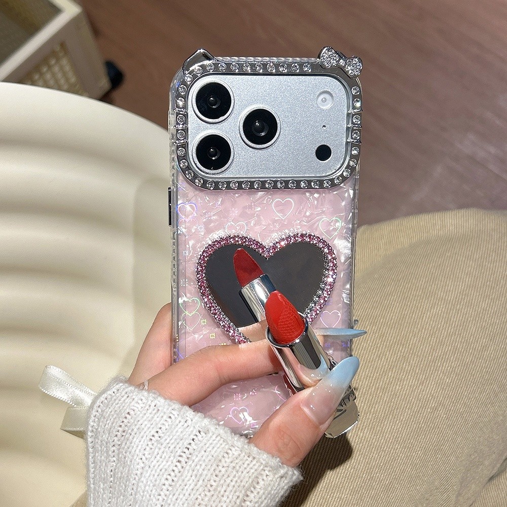 3D Trái Tim Tình Yêu Gương Giá Đỡ Kim Cương Tai Mèo Acrylic Ốp Lưng Điện Thoại iPhone 17 Pro Max 17 Air 16 Plus 15 14 13 12 11 Vỏ Bảo Vệ Chống Sốc
