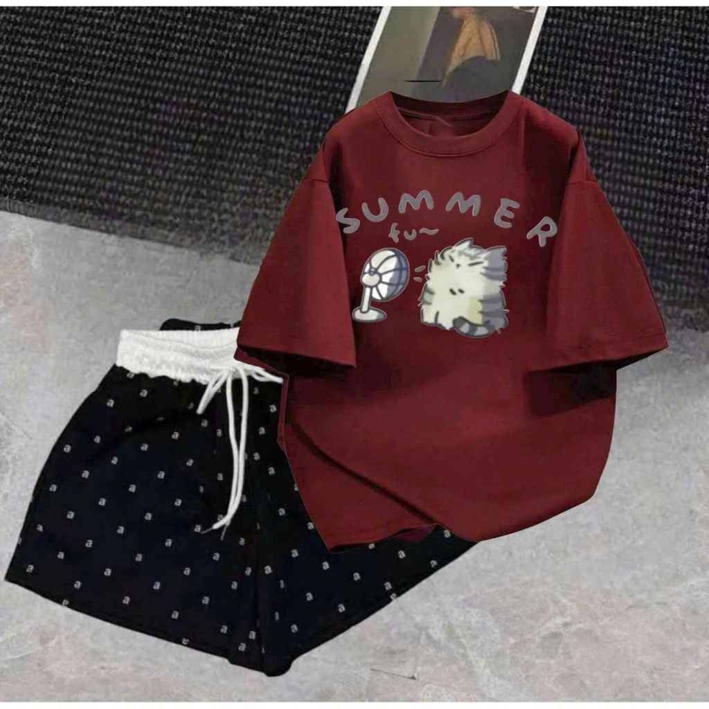 Bộ đồ nữ quần đùi cạp trắng chữ A + kết hợp áo phông rộng free size 40-55kg - thoitragthubio