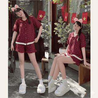 Bộ Đồ Ngủ Nữ Pijama Mặc Nhà Cổ Sen Ren Trắng Chất Đũi Vân Mây Siêu Xinh Dễ Thương,Set Đồ Bộ