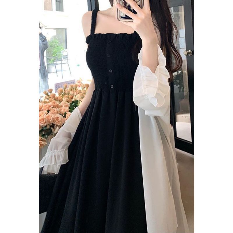 Thời Trang Mùa Hè 2026 Mỡ mm Pháp Niche Retro Cao Cấp Ôm Hơn Nhìn Sling Váy Dài + Khăn choàng voan Chống Nắng Quần Áo Bộ Hai Mảnh