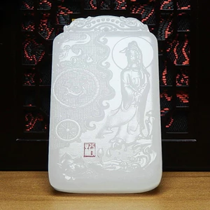 Mặt dây chuyền tượng Guanyin bằng ngọc trắng, phong cách cổ điển