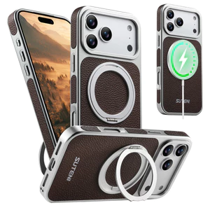 Ốp điện thoại sạc không dây nam châm giả da SUTENI 360° Khóa vòng đứng xoay cảm giác mờ cho iPhone 17 Pro Max 16 15