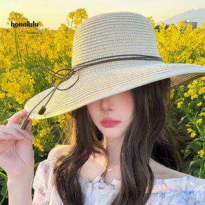 Mũ rơm chống nắng cho nữ, vành rộng, thiết kế vòm với nơ ren và ngọc trai giả, phù hợp đi biển mùa hè
