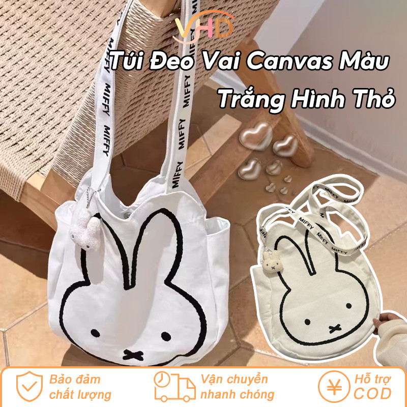 Túi Đeo Vai Nữ Hình Thỏ Dễ Thương – Túi Canvas Màu Trắng Dung Tích Lớn, Đựng Sách Vở, Thích Hợp Đi Học & Dạo Phố
