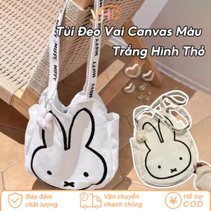 Túi Đeo Vai Nữ Hình Thỏ Dễ Thương – Túi Canvas Màu Trắng Dung Tích Lớn, Đựng Sách Vở, Thích Hợp Đi Học & Dạo Phố