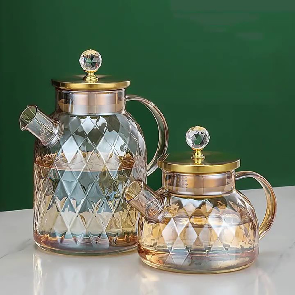 Ấm Trà Thủy Tinh Borosilicate Hổ Phách 1L / 1.8L - Chịu Nhiệt & Lạnh Có Nắp Lọc Cho Trà Trái Cây nở